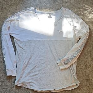 PINK Victoria's Sequin Secret Gray & White Long Sleeve Relaxed Sweatshirt